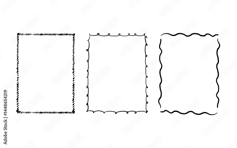 Set of elegant whimsical hand-drawn black color frames with wavy squiggle curly ribbons in trendy, vintage styles. Perfect for quirky holiday, wedding, birthday gift decorations. Vector illustration Set of elegant whimsical hand-drawn black color frames with wavy squiggle curly ribbons in trendy, vintage styles. Perfect for quirky holiday, wedding, birthday gift decorations. Vector illustration