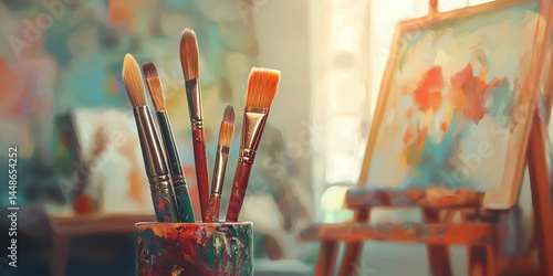 Fototapeta Naklejka Na Ścianę i Meble -  a cup of paint and brushes on a table in front of an easel 