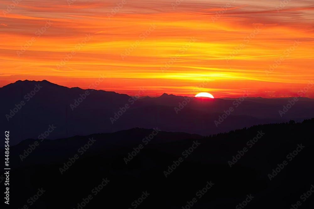 Fiery Sunset Silhouette: Mountains at Golden Hour Fiery Sunset Silhouette: Mountains at Golden Hour