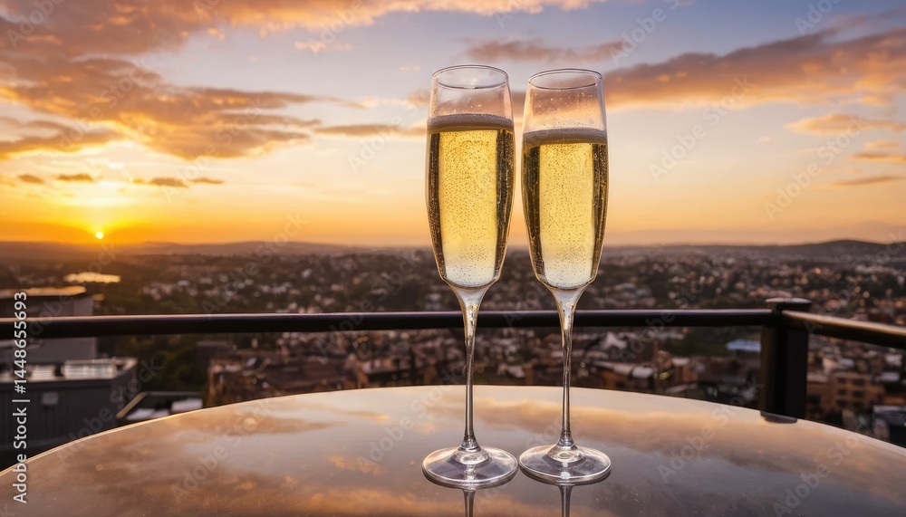 Obraz premium Glasses of beer on the rooftop at sunset