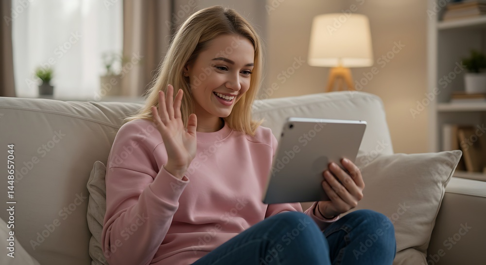 Blonde woman on a video call waves and smiles while relaxing on a sofa with a tablet. Blonde woman on a video call waves and smiles while relaxing on a sofa with a tablet.
