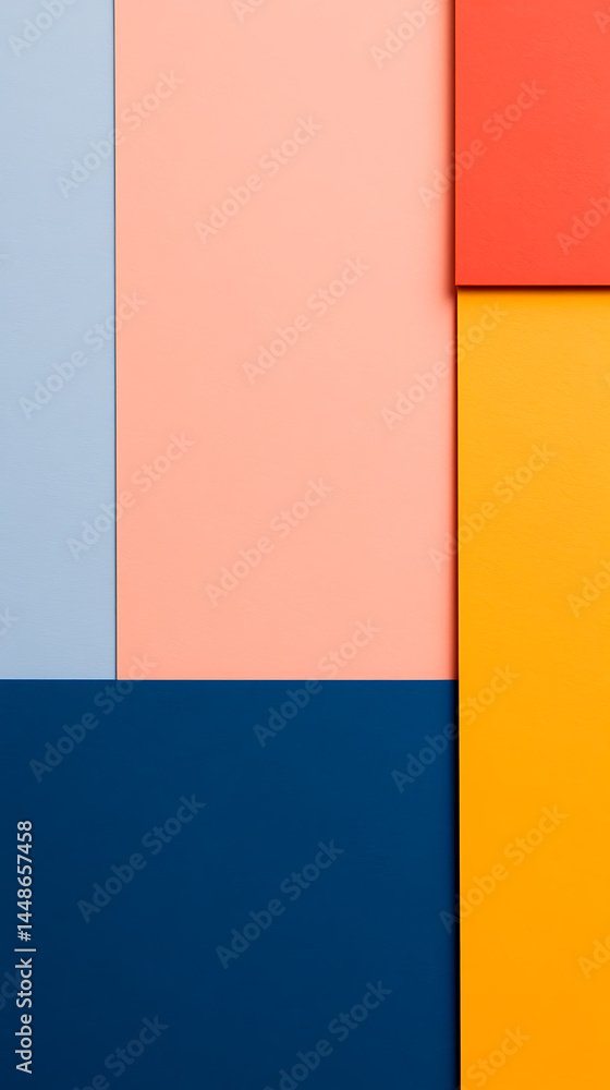 Fototapeta premium Abstract geometric composition with blocks of color. A study in contrast and spatial relations. Minimalist design. Playful arrangement of colored planes.