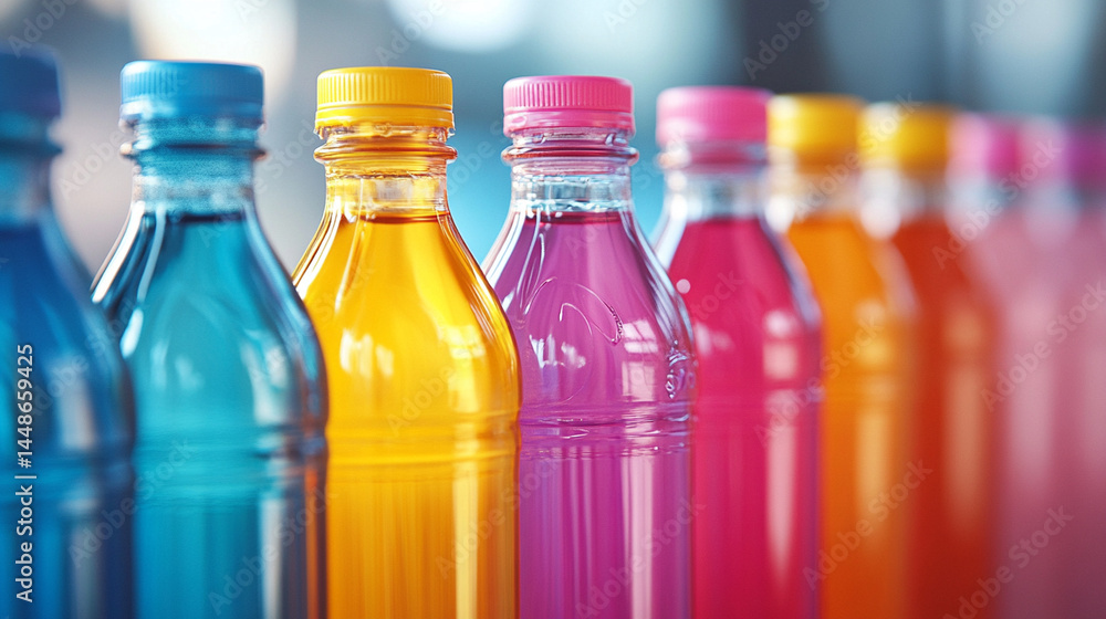 Brightly colored beverage bottles arranged on display at a local market during the afternoon Brightly colored beverage bottles arranged on display at a local market during the afternoon