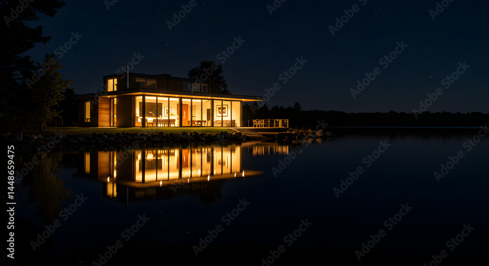 Naklejka premium Lakefront Retreat: Modern House Illuminated at Night with Water Reflection