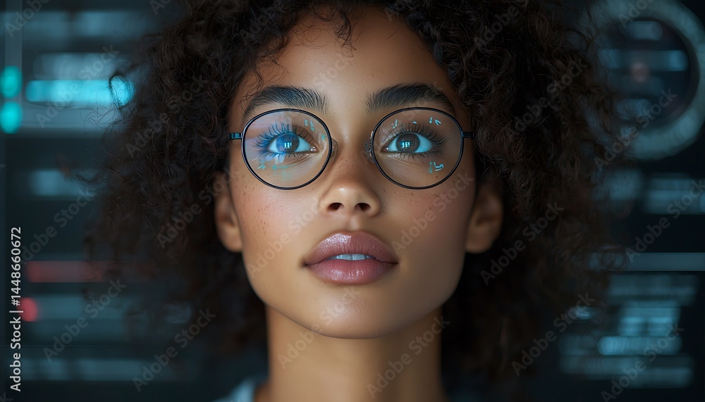 A woman with glasses looking up, focused on an unknown object A woman with glasses looking up, focused on an unknown object