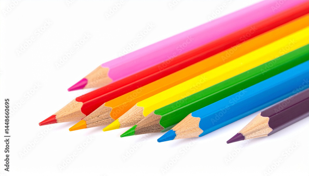 Fototapeta premium A stunning display of colorful pencils arranged to form a vibrant rainbow isolated on a white surface