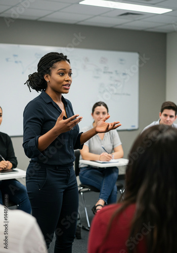 Black woman leading adult group in modern classroom