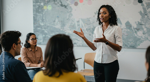Black woman leading adult group in modern classroom