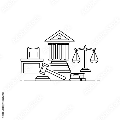 Legal Concept with Gavel, Scales, and Courthouse Outline  