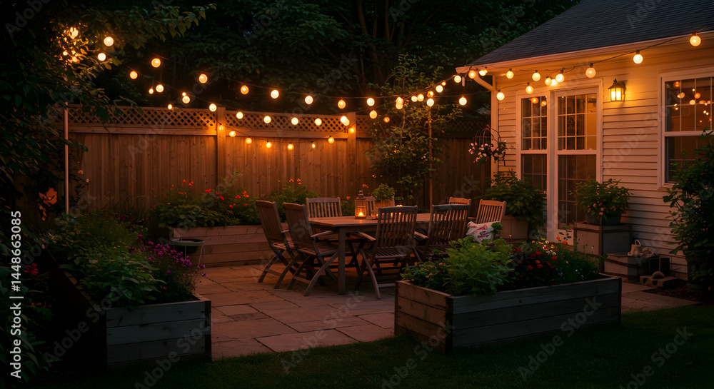 Obraz premium Cozy Backyard With String Lights And Patio Furniture At Dusk