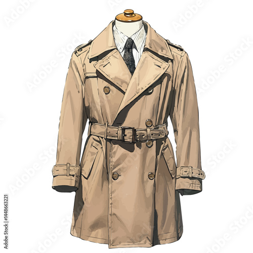 Classic Trench Coat On A Mannequin, watercolor vector, isolated on a white background.