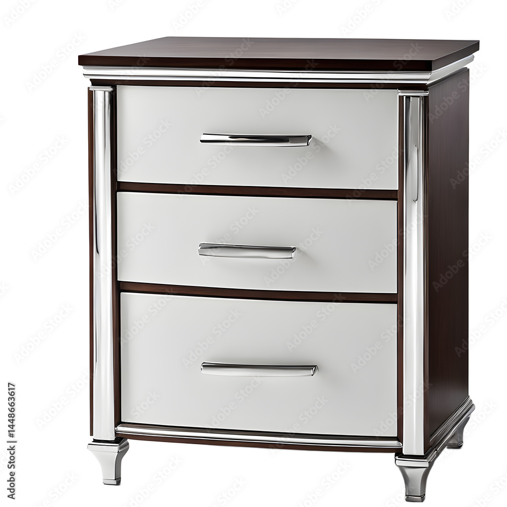 Transitional espresso-stained wood nightstand with chrome accents, isolated on a empty plain background Transitional espresso-stained wood nightstand with chrome accents, isolated on a empty plain background