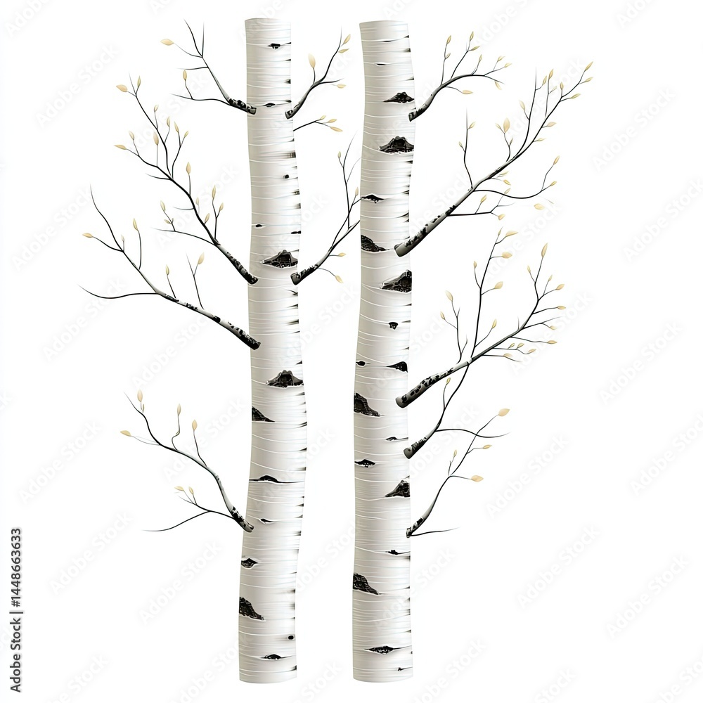 Pair of Birch Trees in Early Spring: Nature's Elegant Awakening Pair of Birch Trees in Early Spring: Nature's Elegant Awakening