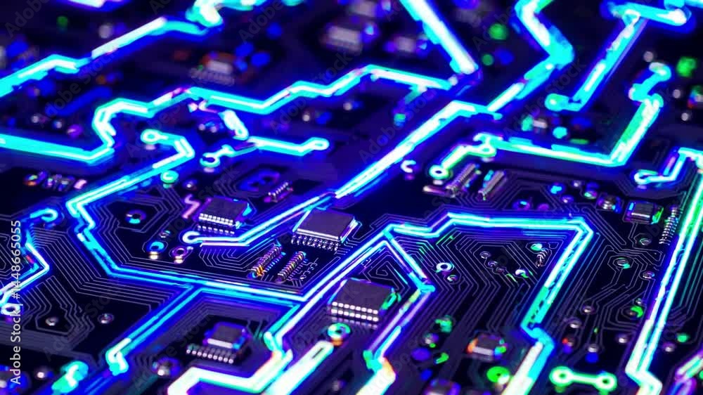 Motherboard glowing circuits changing colors Motherboard glowing circuits changing colors