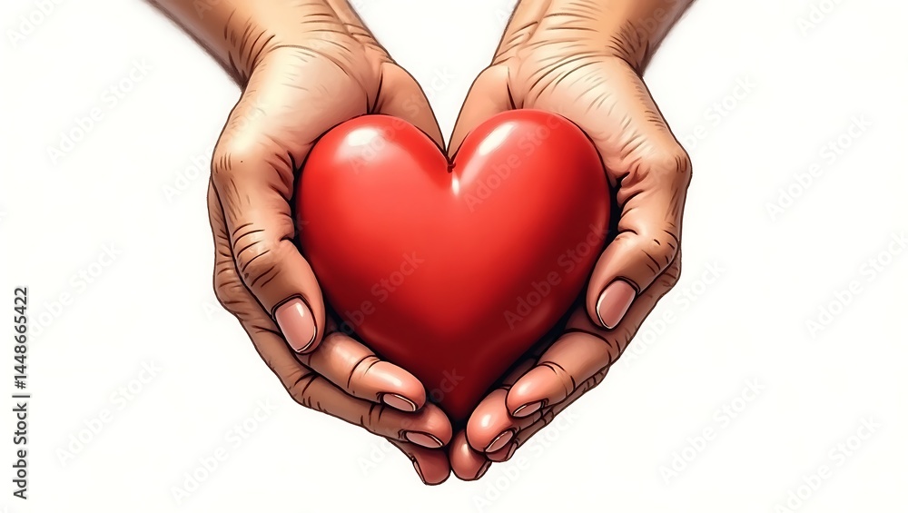 Obraz premium Close-up of hands gently holding a large red heart