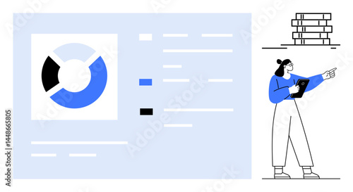 Female analyst holding a tablet, pointing at reports with bold pie chart and text details, signifying collaboration, data analysis, and research. Ideal for analytics, teamwork, reporting, education