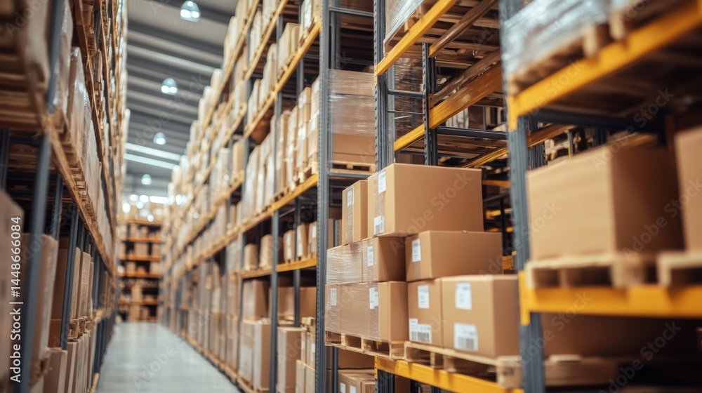 Obraz premium Organized warehouse storage with boxes on pallets and shelves