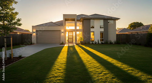 Elegant Home Exterior With Golden Sun Rays Streaking Across the Lawn