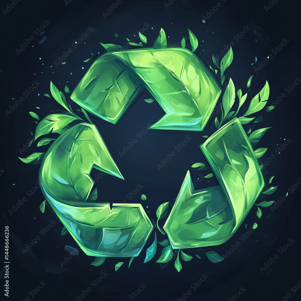 Símbolo de reciclagem verde com detalhes visíveis de costura em estilo cartoon sobre fundo temático ecológico. Ícone ambiental criativo, ideal para projetos educativos e sustentáveis