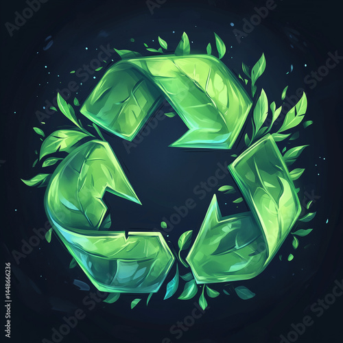 Obraz na płótnie Símbolo de reciclagem verde com detalhes visíveis de costura em estilo cartoon sobre fundo temático ecológico. Ícone ambiental criativo, ideal para projetos educativos e sustentáveis w salonie
