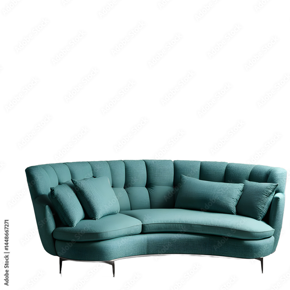 Fototapeta premium Eclectic modern teal boucle fabric curved sofa, isolated on a empty plain background