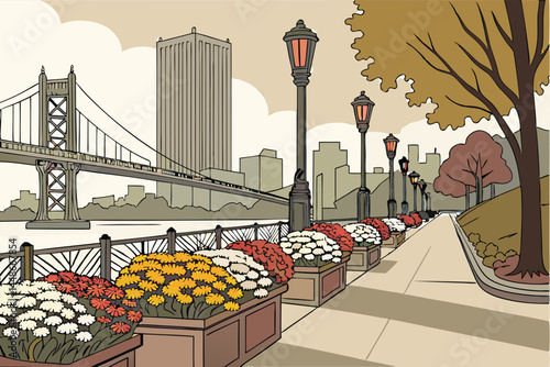 31 Urban cityscape, riverside promenade, colorful flower planters, wrought iron railing, autumn foliage, tall skyscrapers, overcast sky, city bridge, pedestrian walkway, vibrant mums, white daisies, f