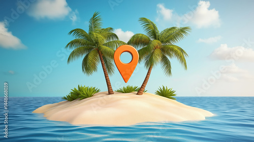 Minimal tropical island with orange map pin and palm trees under blue sky, ideal for travel agencies, location-based apps, or vacation planning visuals