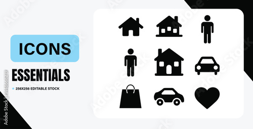 Essentials Icons pack - Home, user, car, heart & more (256*256 Editable)