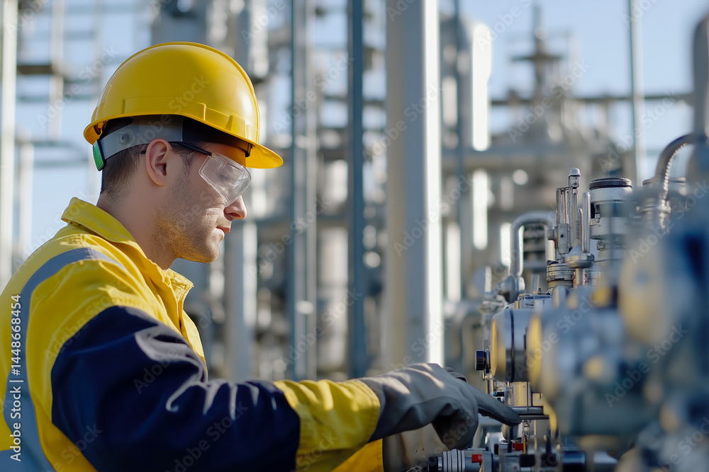 Focused industrial worker in yellow hard hat operating machinery at plant in daylight, perfect for engineering, safety training and industrial visuals