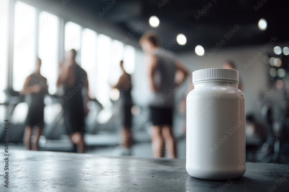 Blank nutrition bottle in fitness club interior Blank nutrition bottle in fitness club interior