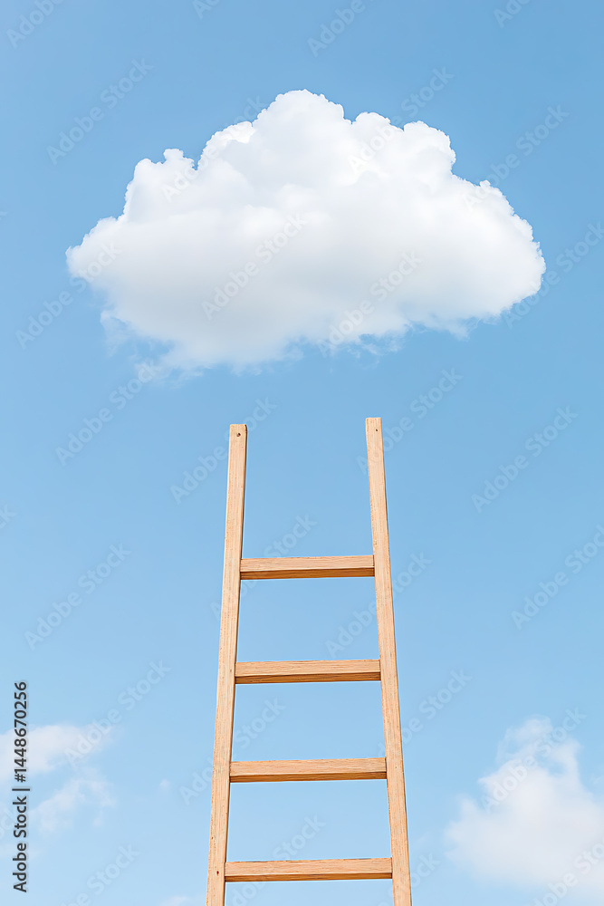 Ladder reaching up to a cloud in the sky. A symbolic image of pursuing goals and aspirations. The blue sky conveys a sense of hope and infinite possibilities. Ladder reaching up to a cloud in the sky. A symbolic image of pursuing goals and aspirations. The blue sky conveys a sense of hope and infinite possibilities.