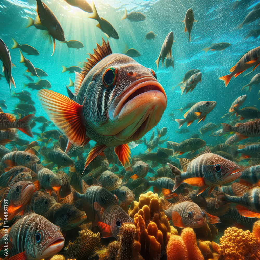 Naklejka premium Colorful fish swimming in a vibrant underwater coral reef during daylight in a tropical ocean