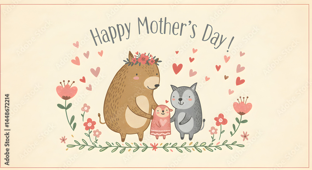 Obraz premium Happy mother's day card with bear and wolf family illustration for greeting and celebration design