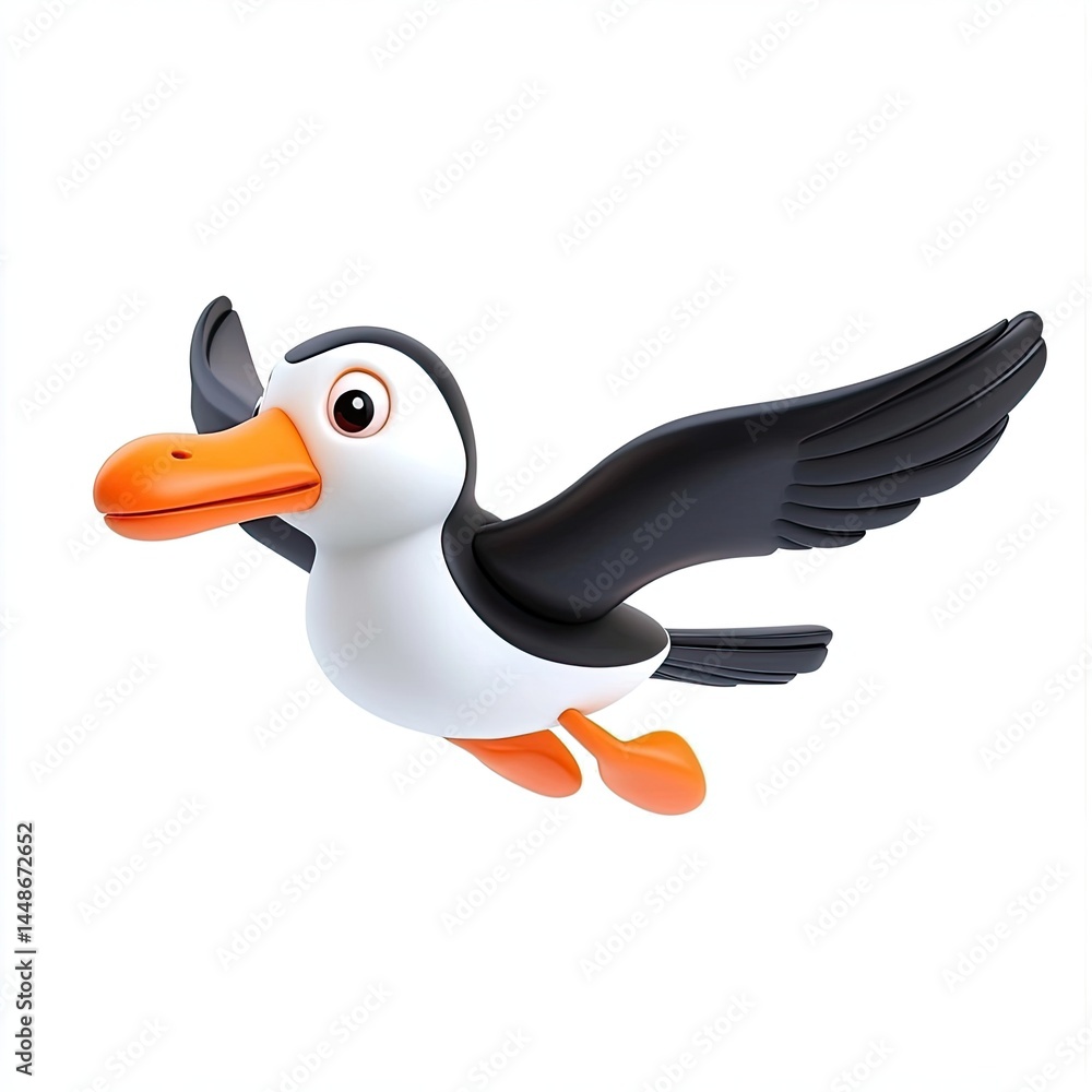 Fototapeta premium Adorable 3D Puffin in Flight: A Whimsical Cartoon Bird Soaring Through the Air
