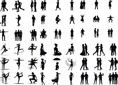 People Poses Silhouette Set | Human Action Vector Collection Dynamic Human Poses Silhouettes | Standing, Walking, Jumping Icons