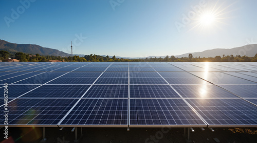 A large array of solar panels is displayed under a bright, clear sky, capturing sunlight to convert into renewable energy, emphasizing sustainability.