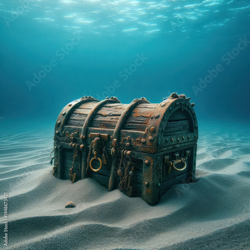 Mysterious treasure chest resting on ocean floor surrounded by sand and sunlight