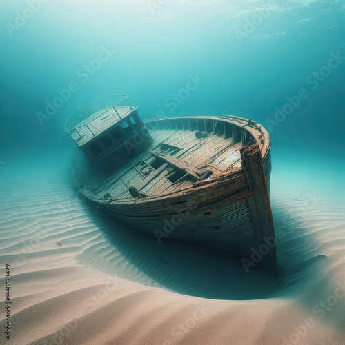 Exploration of a sunken wooden shipwreck resting on the ocean floor