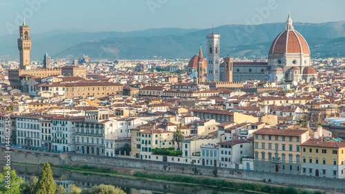 Vászonkép Palazzo Vecchio timelapse on piazza della Signora and Basilica di Santa Maria del Fiore in the morning as seen from Piazzale Michelangelo