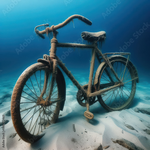 Underwater bicycle resting on sandy seabed among marine life in clear blue waters