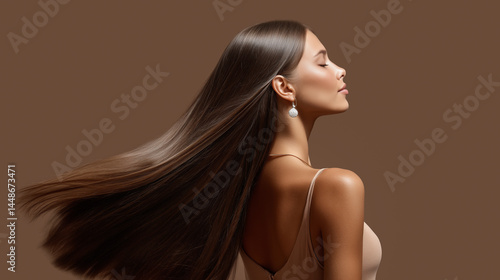 fashion woman with flying straight shiny brown hair on beige background