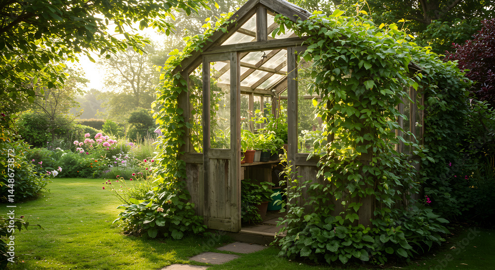 Naklejka premium Antique Greenhouse Covered In Ivy With Beautiful Garden In The Background