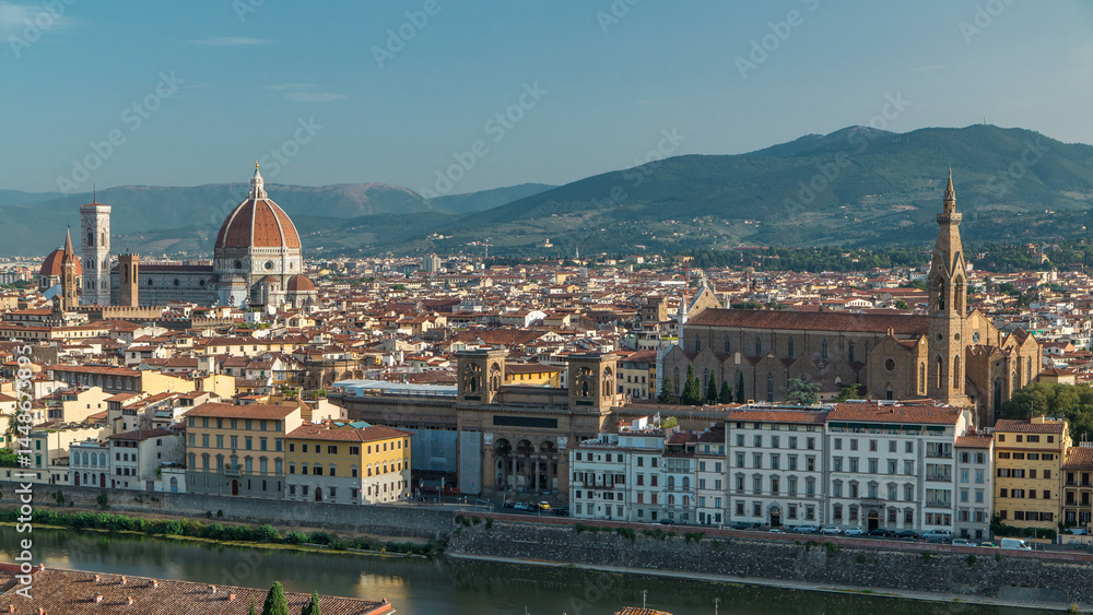 Fototapeta premium Florence aerial cityscape view timelapse from Michelangelo square on the old town with Santa Croce church in Italy