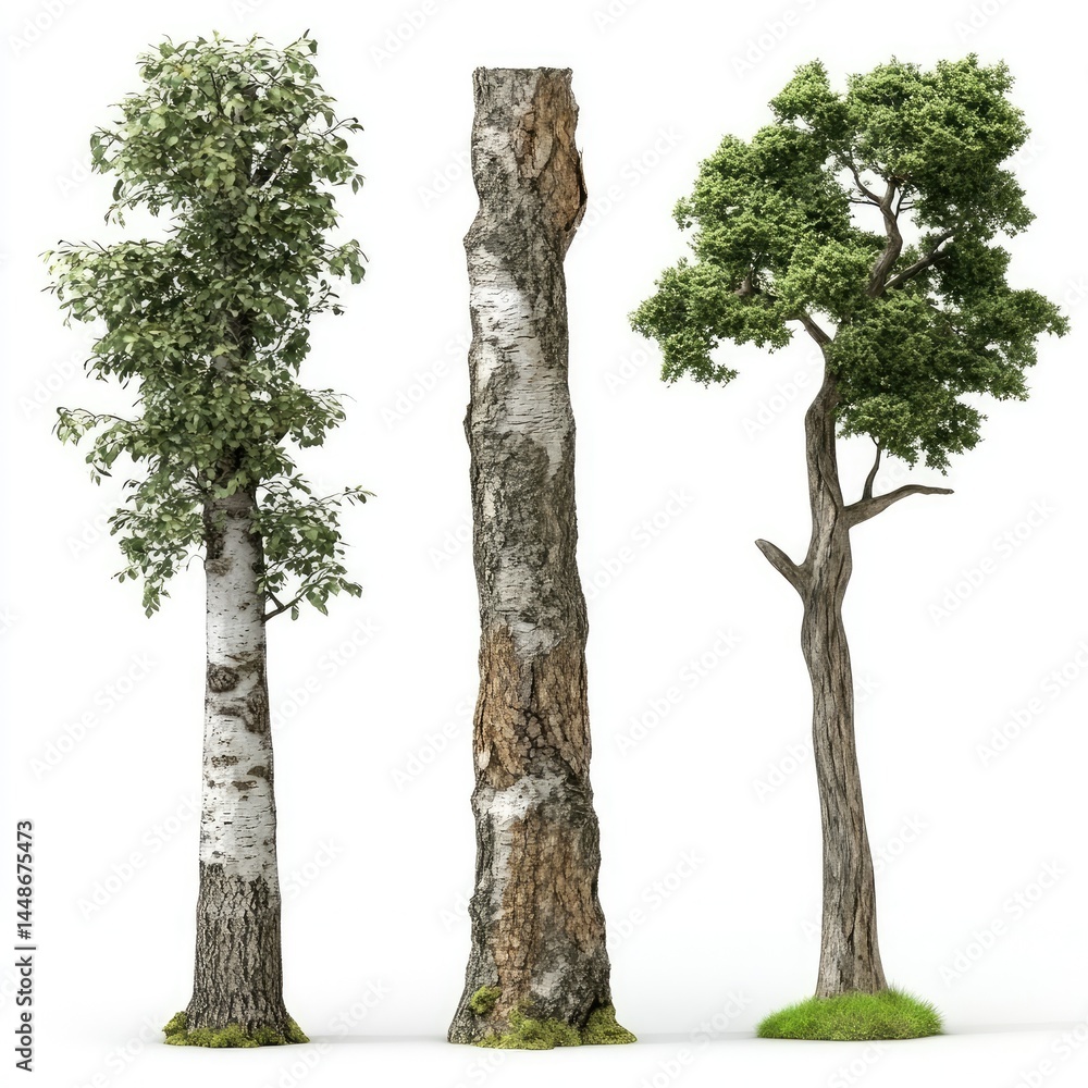 Fototapeta premium Three Majestic Trees Birch with Stump, and Evergreen Isolated.