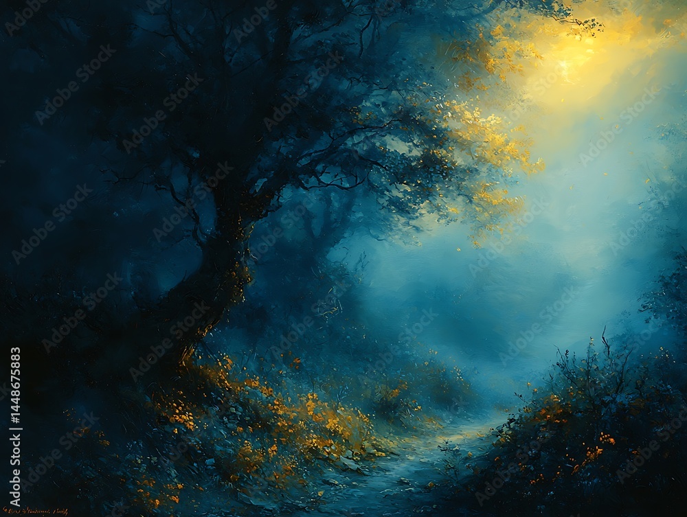 Obraz premium A mysterious forest path illuminated by sunlight streaming through the trees