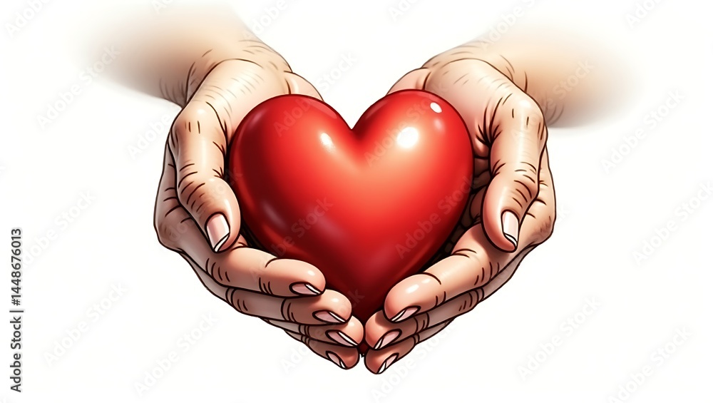 Obraz premium Two hands gently cradling a large, shiny red heart