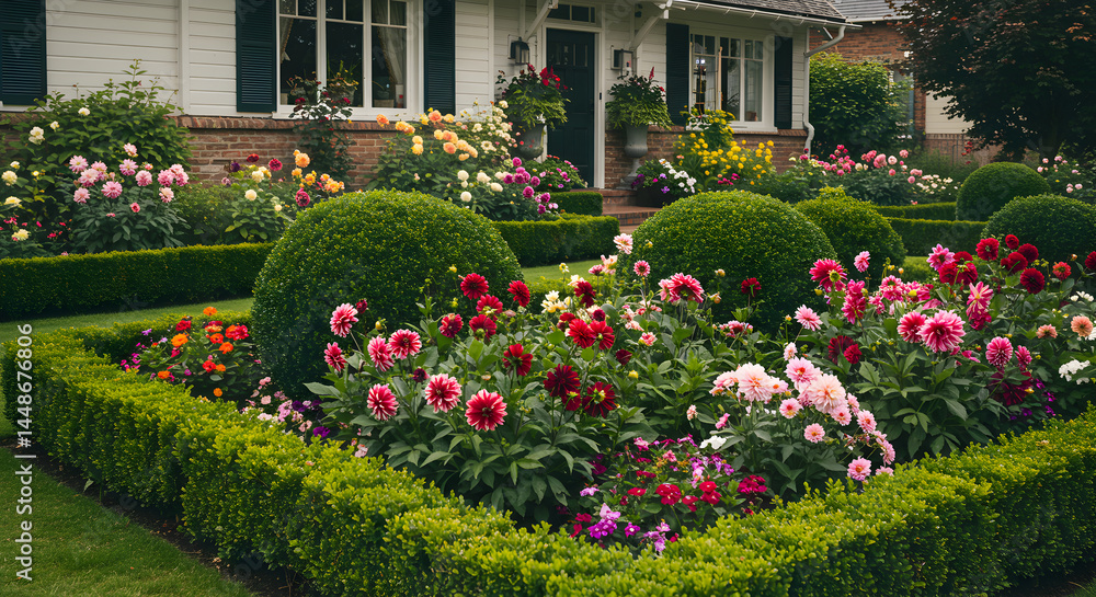 Fototapeta premium Well Maintained Garden Featuring Diverse Flowers And Carefully Shaped Bushes