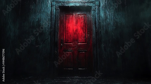 Red door in a dark, eerie room