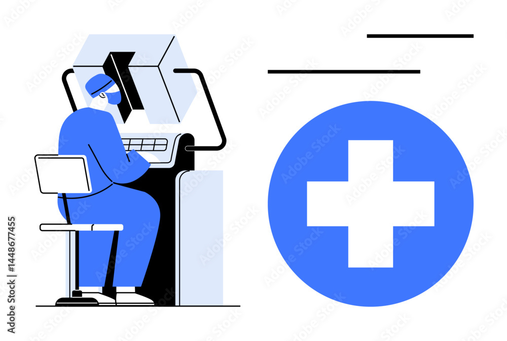 Obraz premium Healthcare worker in blue scrubs using technology for diagnostics near a large cross icon. Ideal for healthcare, technology, innovation, medical systems, diagnostics, telemedicine, modern treatment