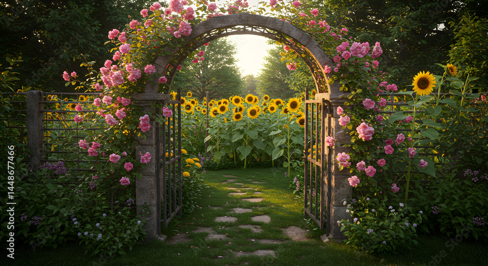 Obraz premium Enchanting Garden Portal With Sunflowers And Roses Blooming In Summer Season